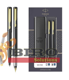 Set Parker Vector Metal Negru CT – stilou + pix, casetă cu fereastră și etui